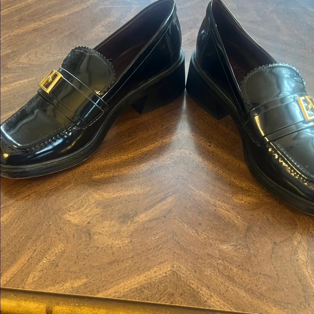 Franco Sarto Glossy Black Loafers with Gold Detail - Picture 7 of 9